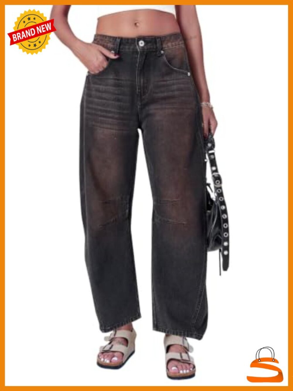 Mid Rise Barrel Jeans Wide Leg Cropped Denim Pants Y2k Baggy Boyfriend with
